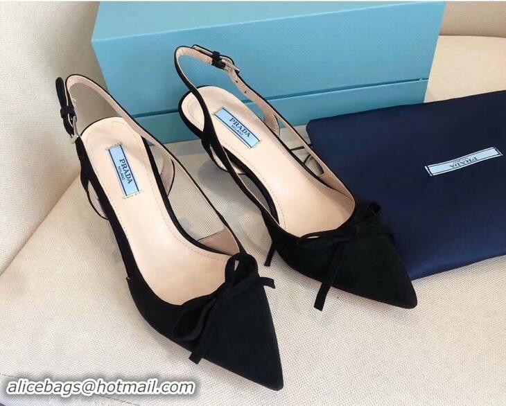 New Style Prada Heel 6cm Bow Pumps P96330 Suede Black 2019