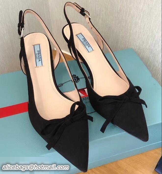 New Style Prada Heel 6cm Bow Pumps P96330 Suede Black 2019