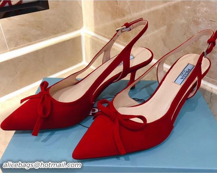 New Arrivals Prada Heel 6cm Bow Pumps P96330 Suede Red 2019