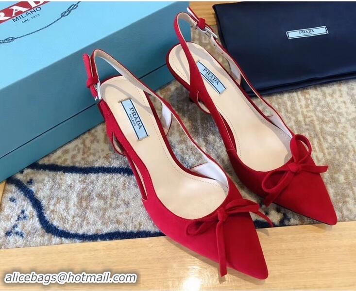 New Arrivals Prada Heel 6cm Bow Pumps P96330 Suede Red 2019