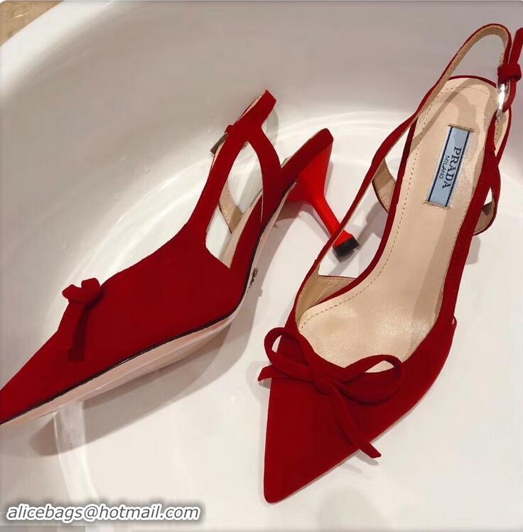 New Arrivals Prada Heel 6cm Bow Pumps P96330 Suede Red 2019