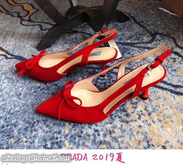 New Arrivals Prada Heel 6cm Bow Pumps P96330 Suede Red 2019