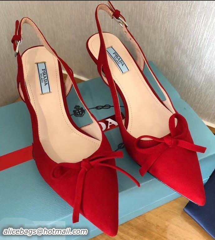 New Arrivals Prada Heel 6cm Bow Pumps P96330 Suede Red 2019