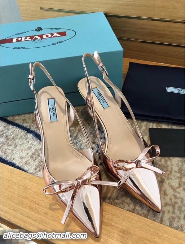 Low Cost Prada Heel 6cm Bow Pumps P96332 Metallic Pink Gold 2019