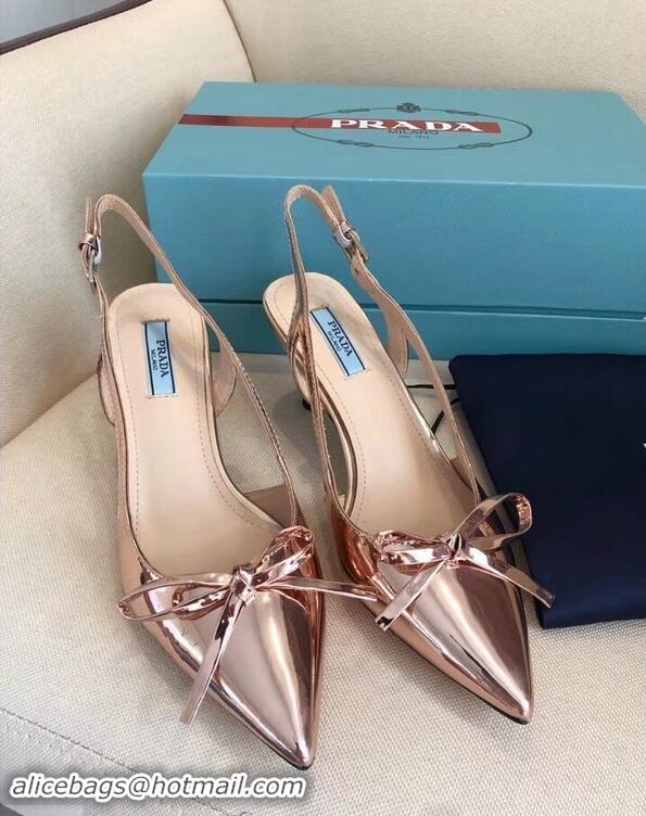 Low Cost Prada Heel 6cm Bow Pumps P96332 Metallic Pink Gold 2019