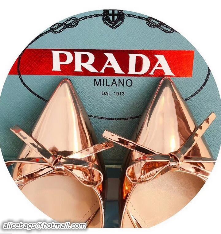 Low Cost Prada Heel 6cm Bow Pumps P96332 Metallic Pink Gold 2019