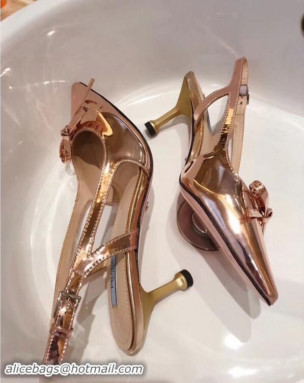 Low Cost Prada Heel 6cm Bow Pumps P96332 Metallic Pink Gold 2019