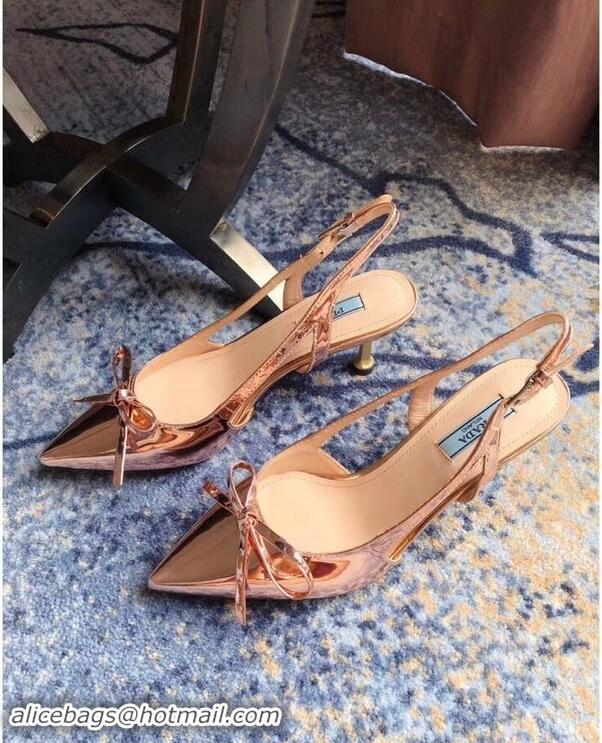 Low Cost Prada Heel 6cm Bow Pumps P96332 Metallic Pink Gold 2019