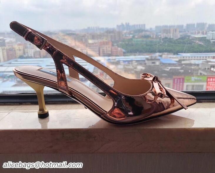 Low Cost Prada Heel 6cm Bow Pumps P96332 Metallic Pink Gold 2019