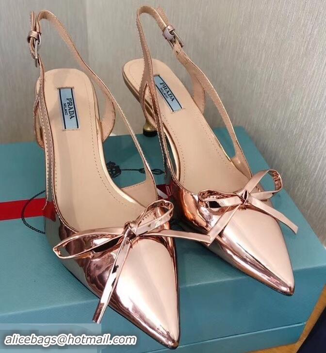 Low Cost Prada Heel 6cm Bow Pumps P96332 Metallic Pink Gold 2019