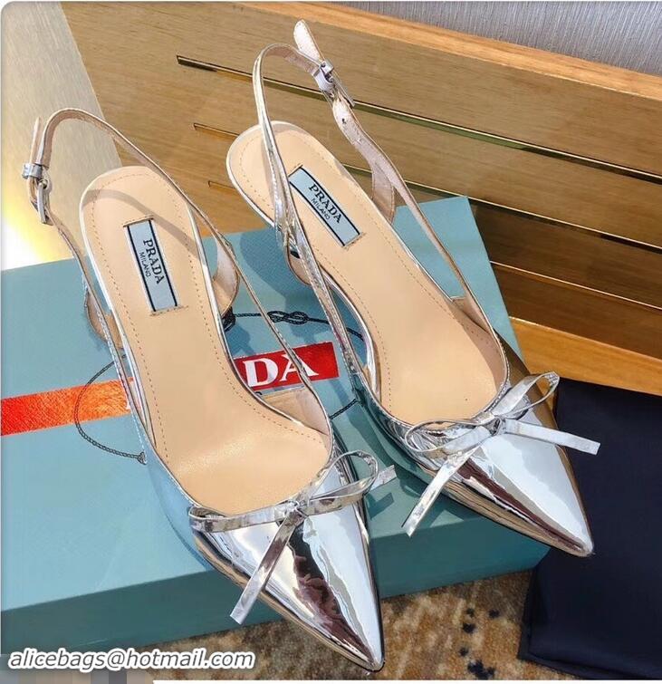 Cheapness Prada Heel 6cm Bow Pumps P96332 Metallic Silver 2019