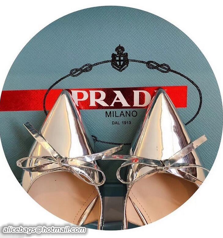 Cheapness Prada Heel 6cm Bow Pumps P96332 Metallic Silver 2019