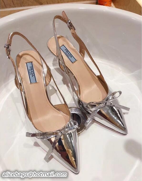 Cheapness Prada Heel 6cm Bow Pumps P96332 Metallic Silver 2019