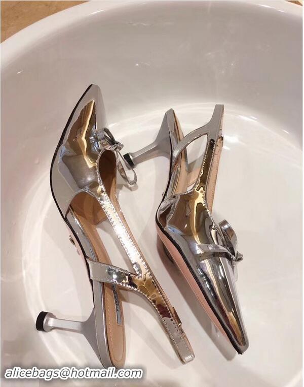 Cheapness Prada Heel 6cm Bow Pumps P96332 Metallic Silver 2019