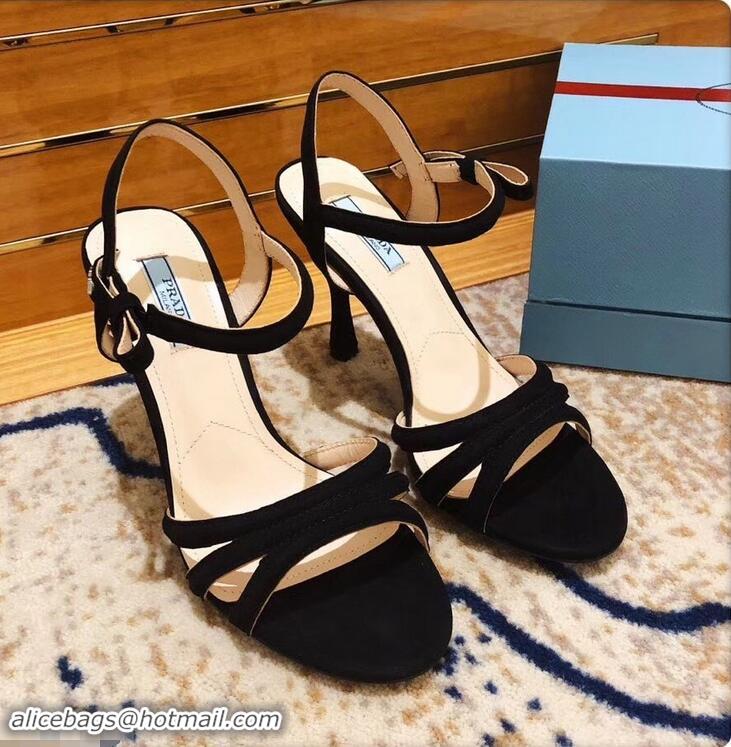 Shop Discount Prada Heel 8.5cm Suede Leather Sandals P96334 Black 2019