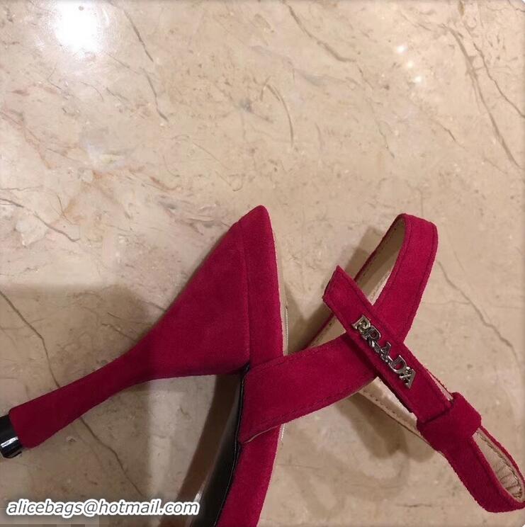 Buy Cheap Prada Heel 8.5cm Suede Leather Sandals P96334 Red 2019