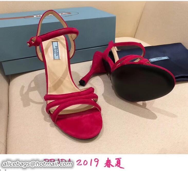 Buy Cheap Prada Heel 8.5cm Suede Leather Sandals P96334 Red 2019