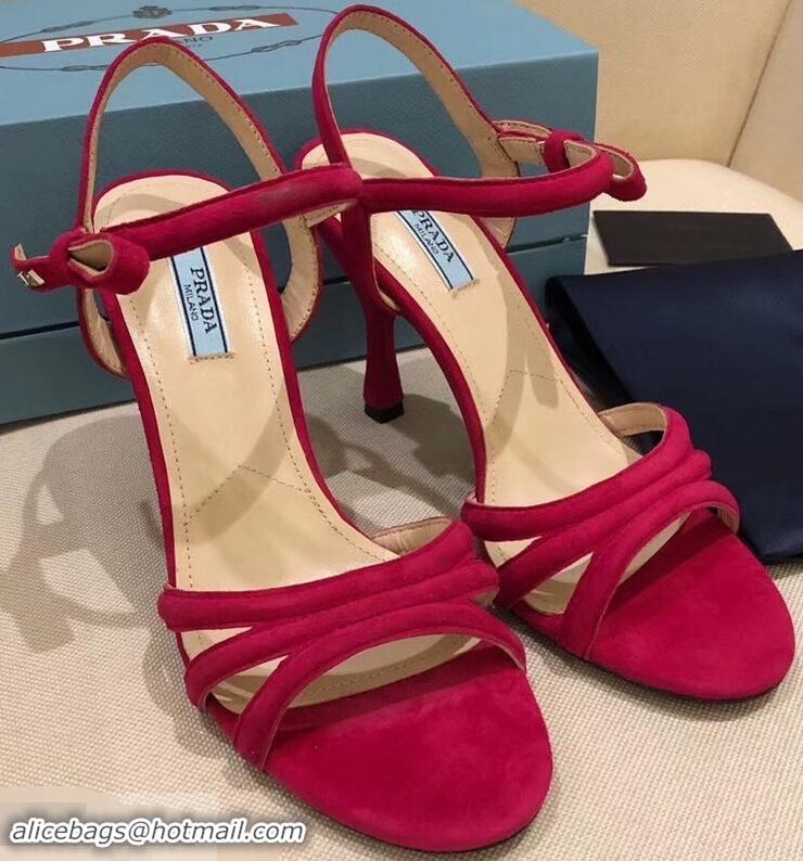 Buy Cheap Prada Heel 8.5cm Suede Leather Sandals P96334 Red 2019