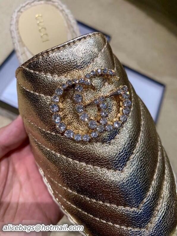 Inexpensive Gucci Glitter Espadrilles Slippers G96305 Gold With Crystal Double G 2019