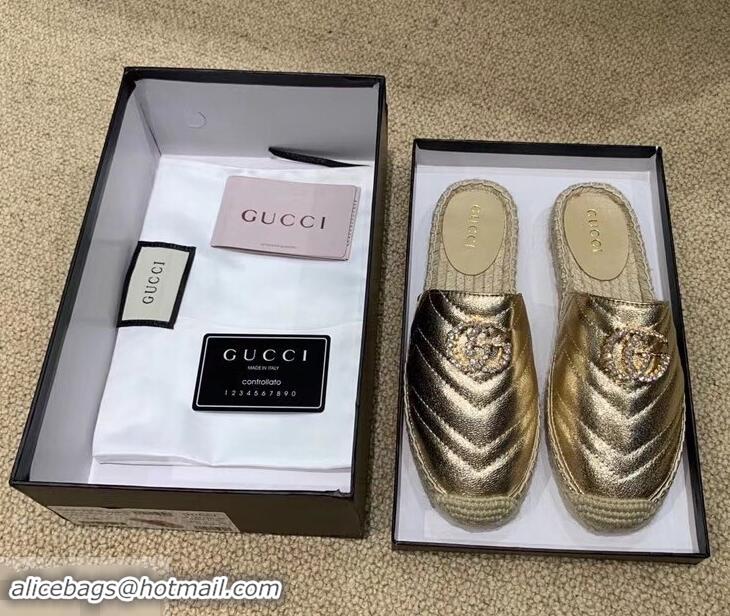 Inexpensive Gucci Glitter Espadrilles Slippers G96305 Gold With Crystal Double G 2019