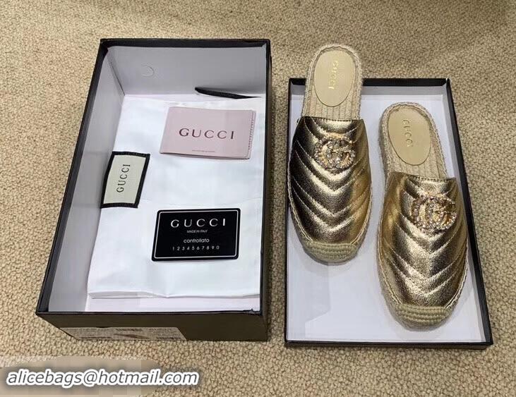 Inexpensive Gucci Glitter Espadrilles Slippers G96305 Gold With Crystal Double G 2019