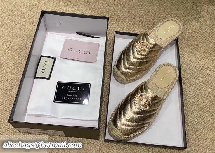 Inexpensive Gucci Glitter Espadrilles Slippers G96305 Gold With Crystal Double G 2019