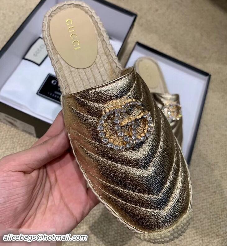 Inexpensive Gucci Glitter Espadrilles Slippers G96305 Gold With Crystal Double G 2019