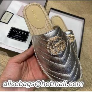 Discount Gucci Glitter Espadrilles Slippers G96305 Silver With Crystal Double G 2019