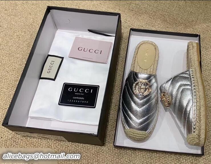 Discount Gucci Glitter Espadrilles Slippers G96305 Silver With Crystal Double G 2019