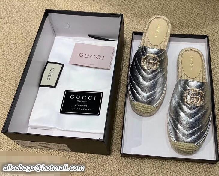 Discount Gucci Glitter Espadrilles Slippers G96305 Silver With Crystal Double G 2019