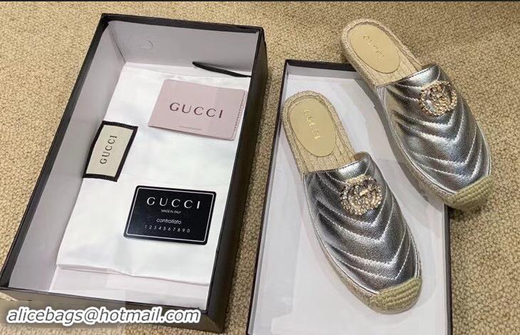 Discount Gucci Glitter Espadrilles Slippers G96305 Silver With Crystal Double G 2019