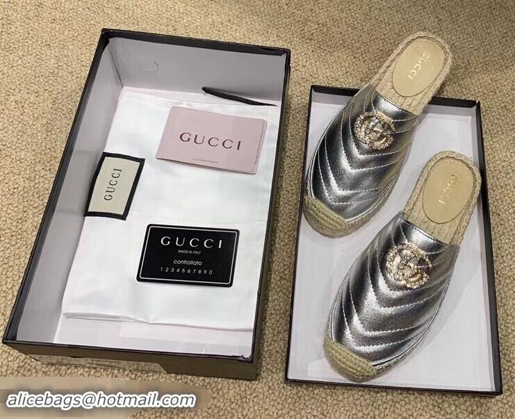 Discount Gucci Glitter Espadrilles Slippers G96305 Silver With Crystal Double G 2019