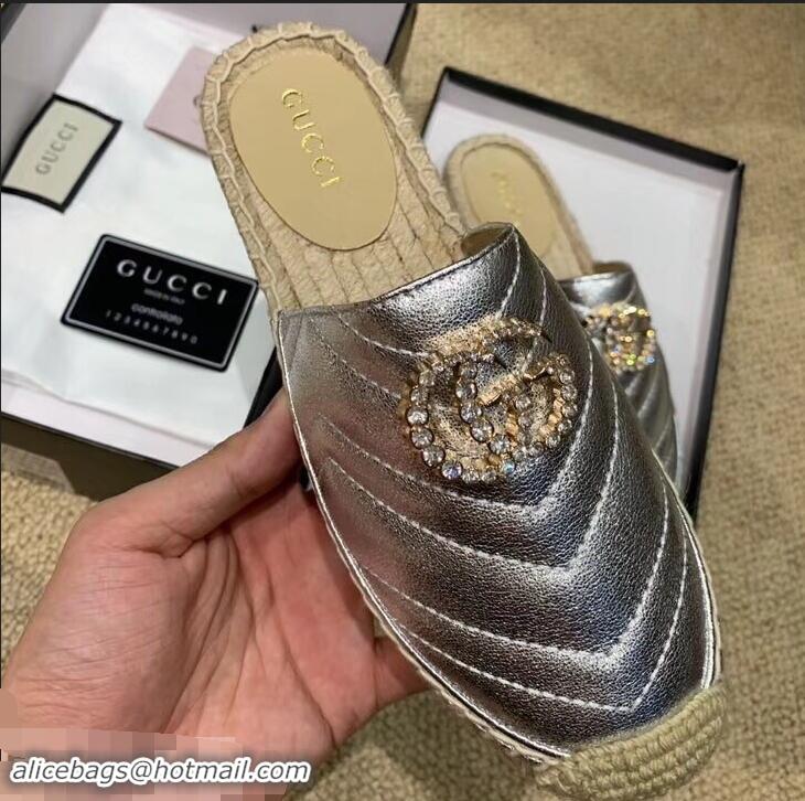 Discount Gucci Glitter Espadrilles Slippers G96305 Silver With Crystal Double G 2019