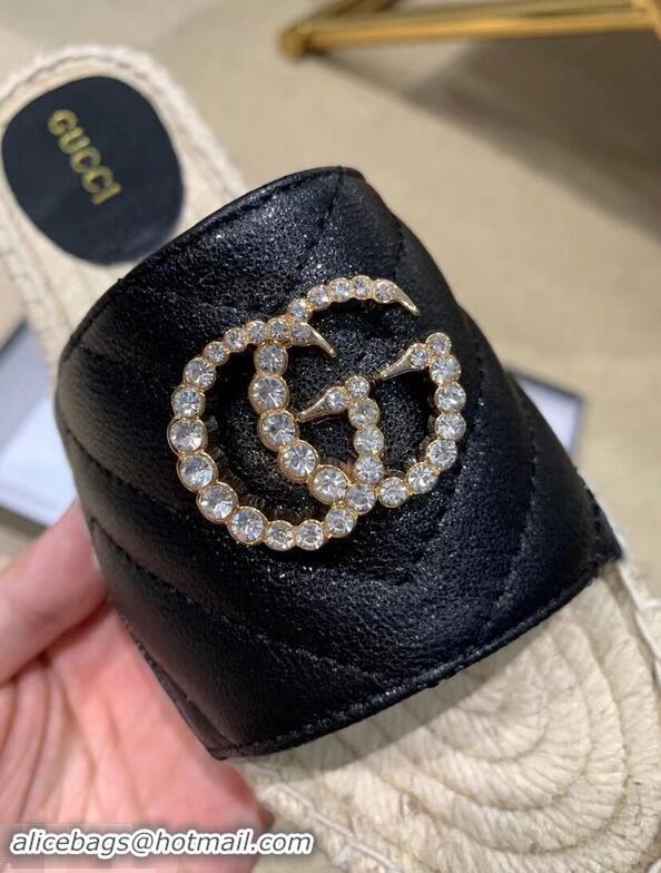 Low Cost Gucci Glitter Espadrilles Slides Sandals G96309 Black With Crystal Double G 2019