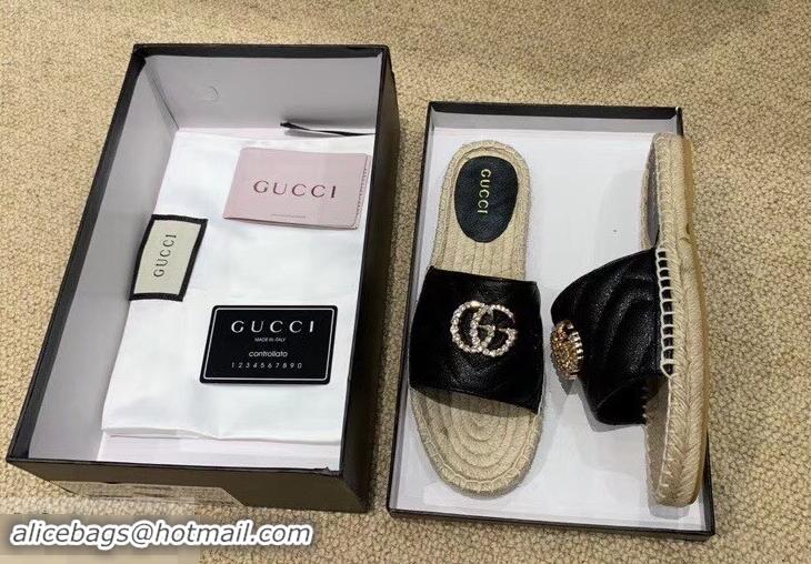 Low Cost Gucci Glitter Espadrilles Slides Sandals G96309 Black With Crystal Double G 2019