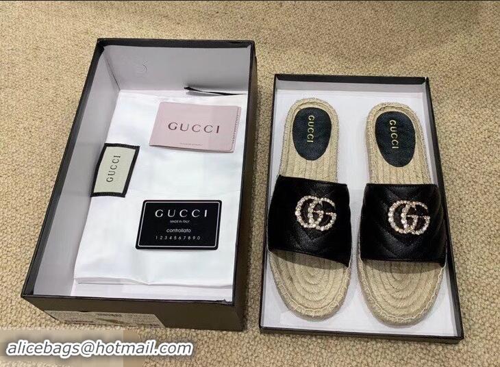 Low Cost Gucci Glitter Espadrilles Slides Sandals G96309 Black With Crystal Double G 2019