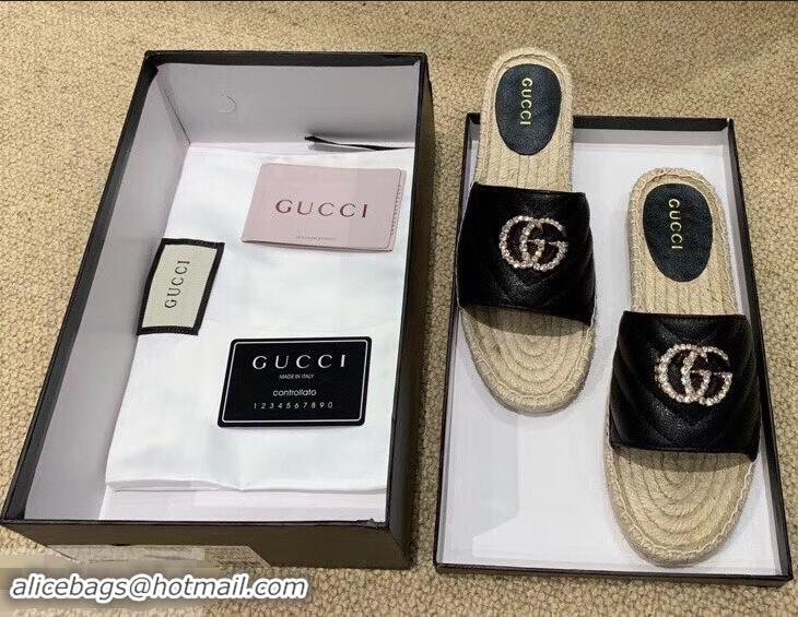 Low Cost Gucci Glitter Espadrilles Slides Sandals G96309 Black With Crystal Double G 2019