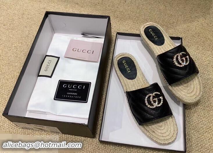 Low Cost Gucci Glitter Espadrilles Slides Sandals G96309 Black With Crystal Double G 2019