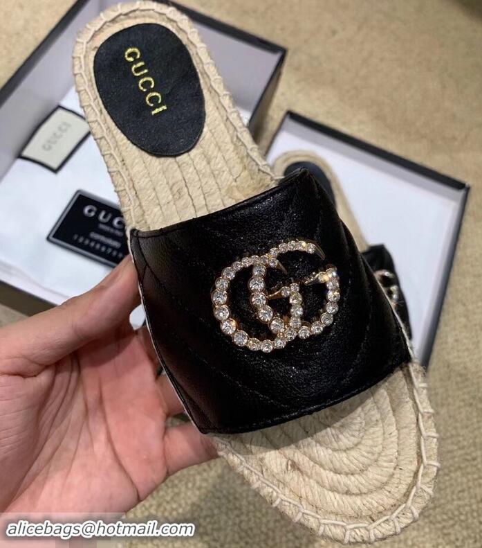 Low Cost Gucci Glitter Espadrilles Slides Sandals G96309 Black With Crystal Double G 2019