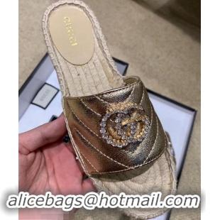 Discount Gucci Glitter Espadrilles Slides Sandals G96309 Gold With Crystal Double G 2019