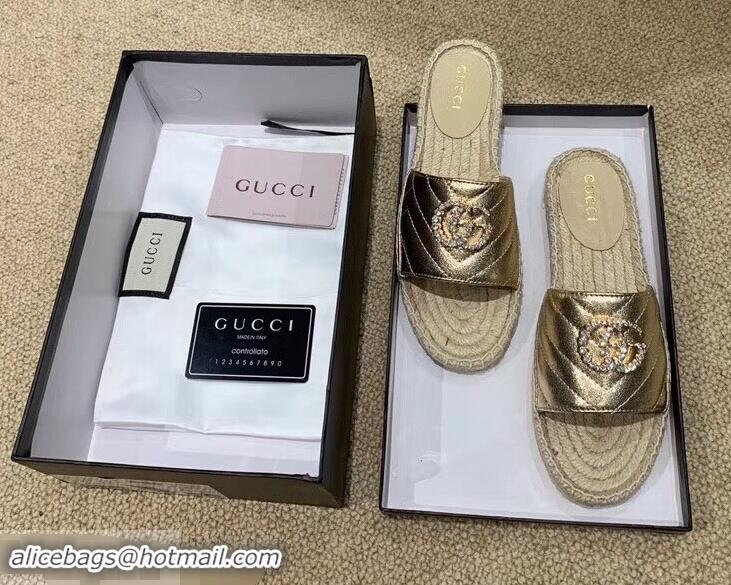 Discount Gucci Glitter Espadrilles Slides Sandals G96309 Gold With Crystal Double G 2019