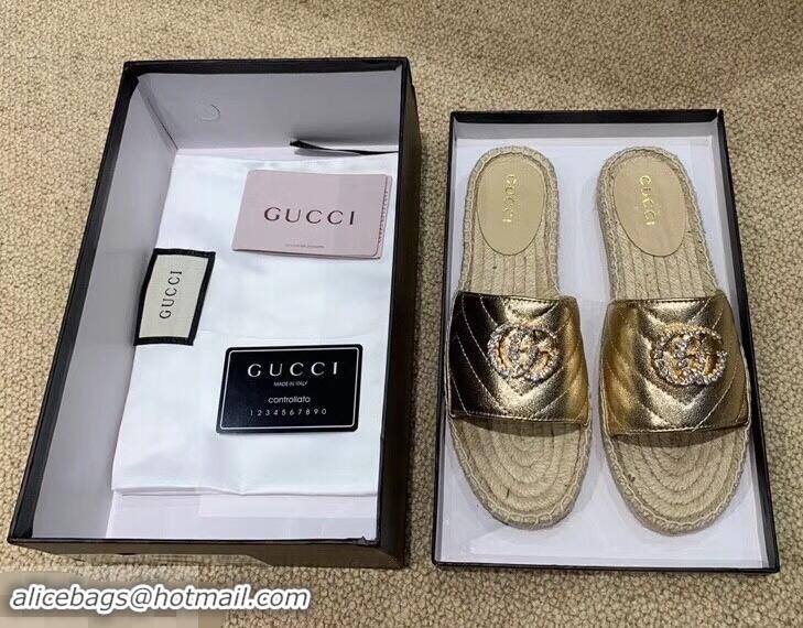 Discount Gucci Glitter Espadrilles Slides Sandals G96309 Gold With Crystal Double G 2019