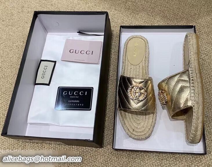 Discount Gucci Glitter Espadrilles Slides Sandals G96309 Gold With Crystal Double G 2019