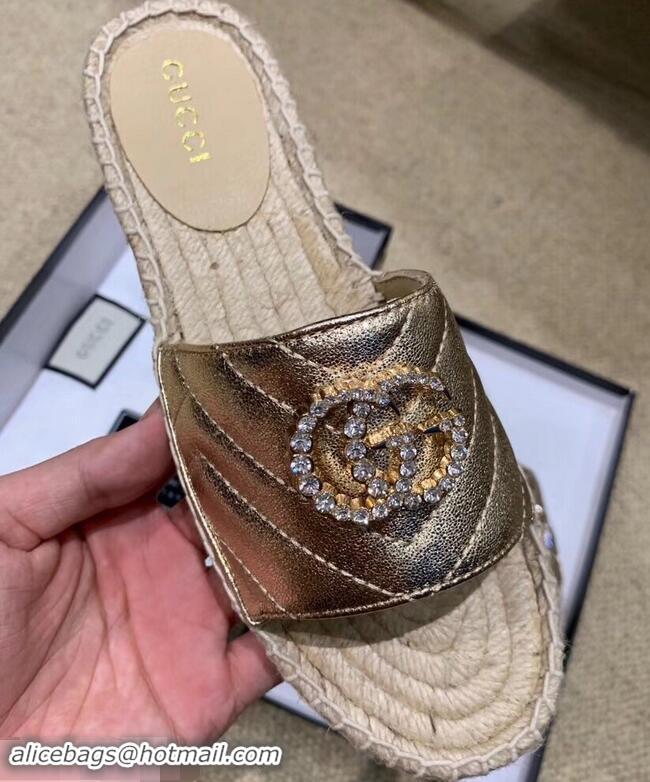 Discount Gucci Glitter Espadrilles Slides Sandals G96309 Gold With Crystal Double G 2019