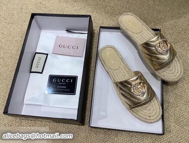 Discount Gucci Glitter Espadrilles Slides Sandals G96309 Gold With Crystal Double G 2019