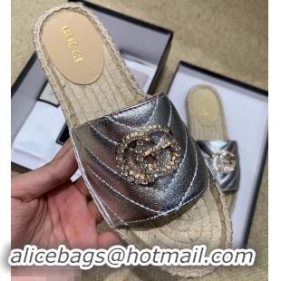 Low Price Gucci Glitter Espadrilles Slides Sandals G96309 Silver With Crystal Double G 2019