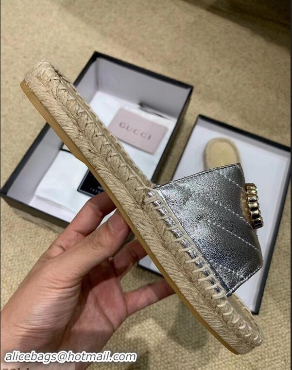 Low Price Gucci Glitter Espadrilles Slides Sandals G96309 Silver With Crystal Double G 2019