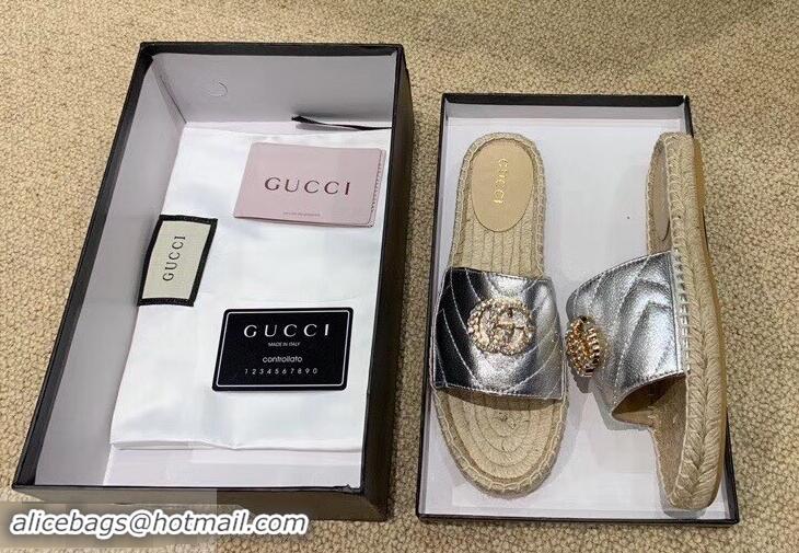 Low Price Gucci Glitter Espadrilles Slides Sandals G96309 Silver With Crystal Double G 2019