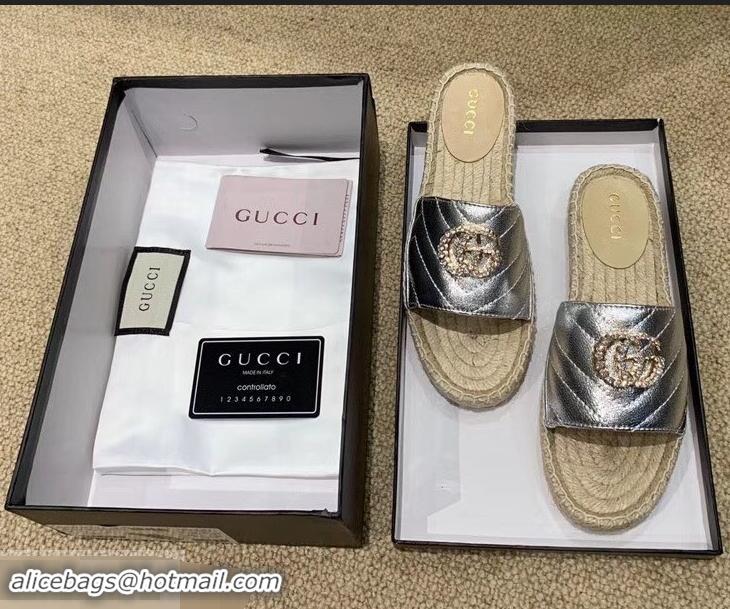 Low Price Gucci Glitter Espadrilles Slides Sandals G96309 Silver With Crystal Double G 2019