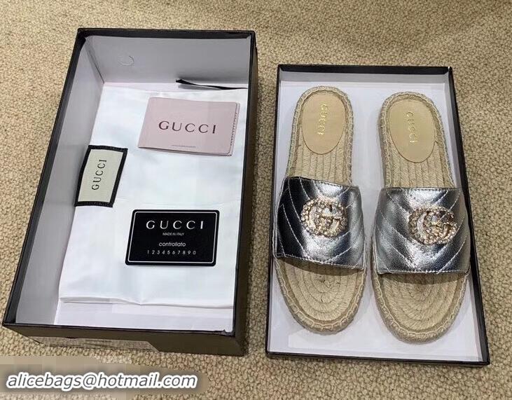 Low Price Gucci Glitter Espadrilles Slides Sandals G96309 Silver With Crystal Double G 2019